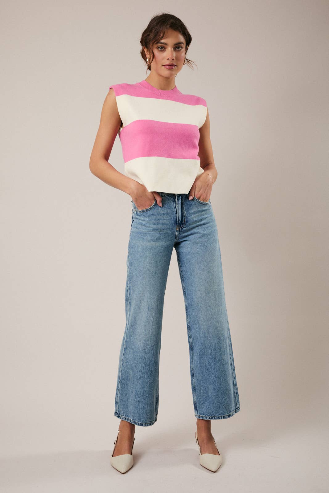 Sunday Edition - ROUND NECK SLEEVELESS STRIPE SWEATER TOP: PINK-CREAM STRIPE