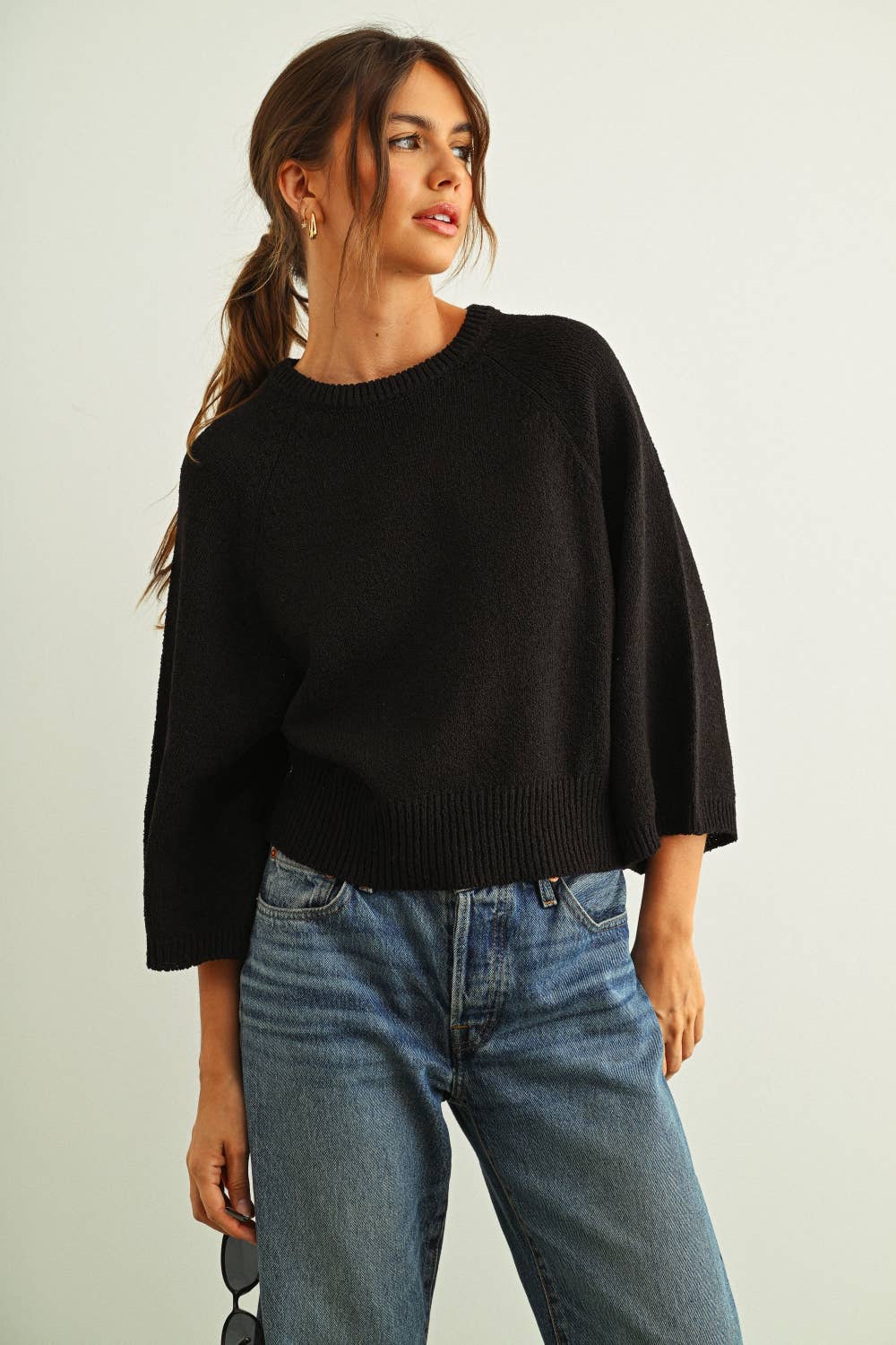 MIOU MUSE - T6252   ROUND NECK 3/4 SLEEVE KNITTED TOP: BLACK