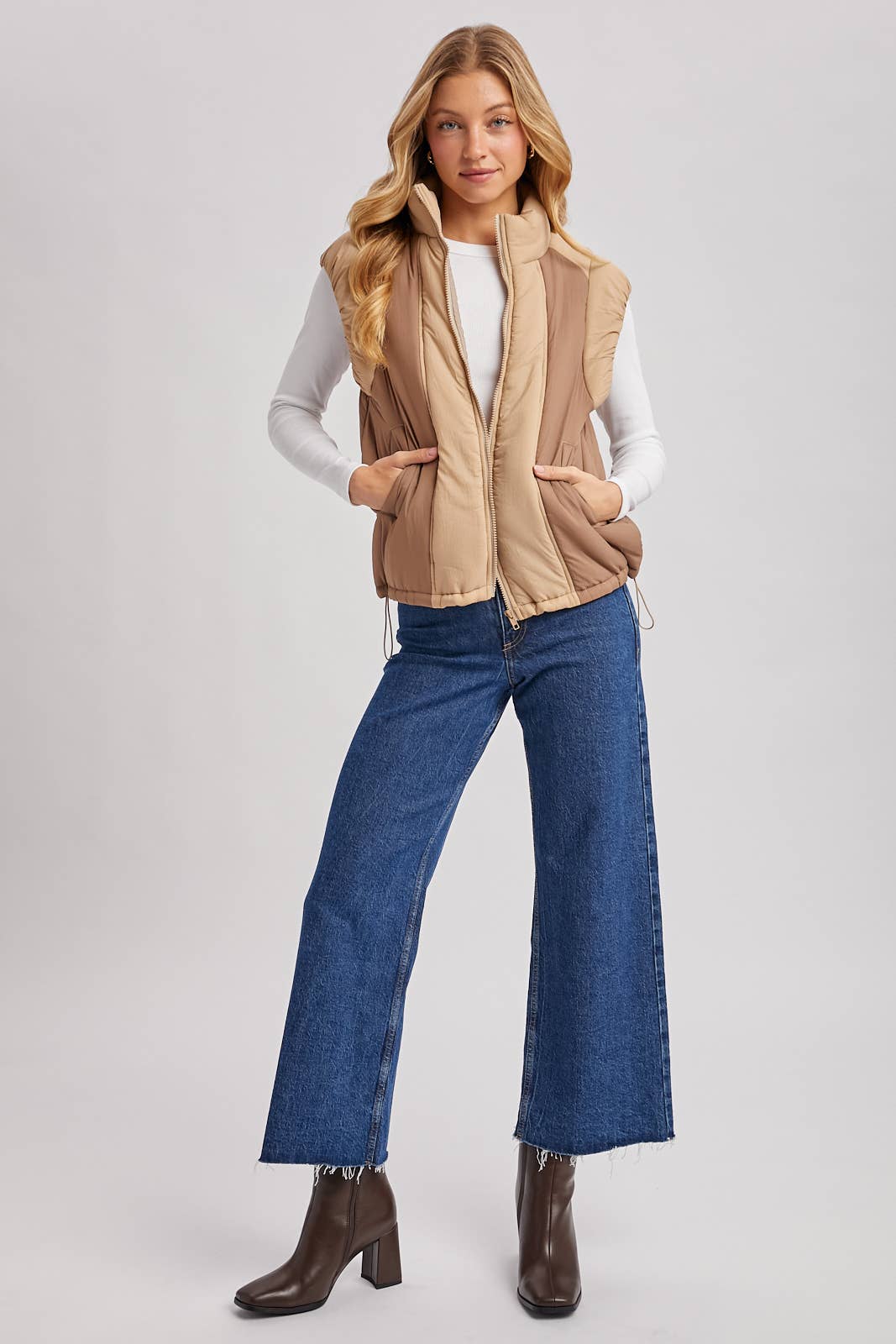 Bluivy - CONTRAST PUFFER ZIPPER DOWN VEST: LATTE COMBO / M
