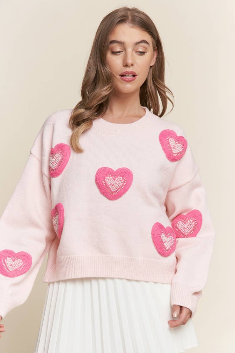 J.NNA - HEARTS PEARL Embroidered Sweater Top: Baby Pink
