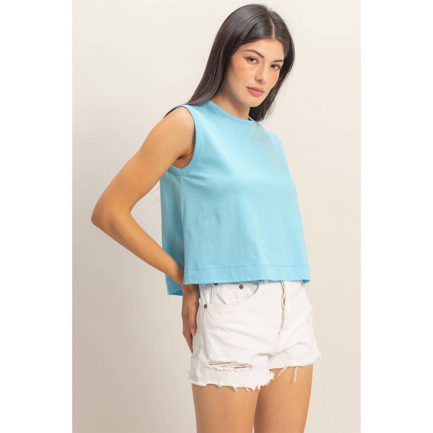 Double Zero - Sleeveless Crew Neck Top With Back Pleats: SOFT PINK