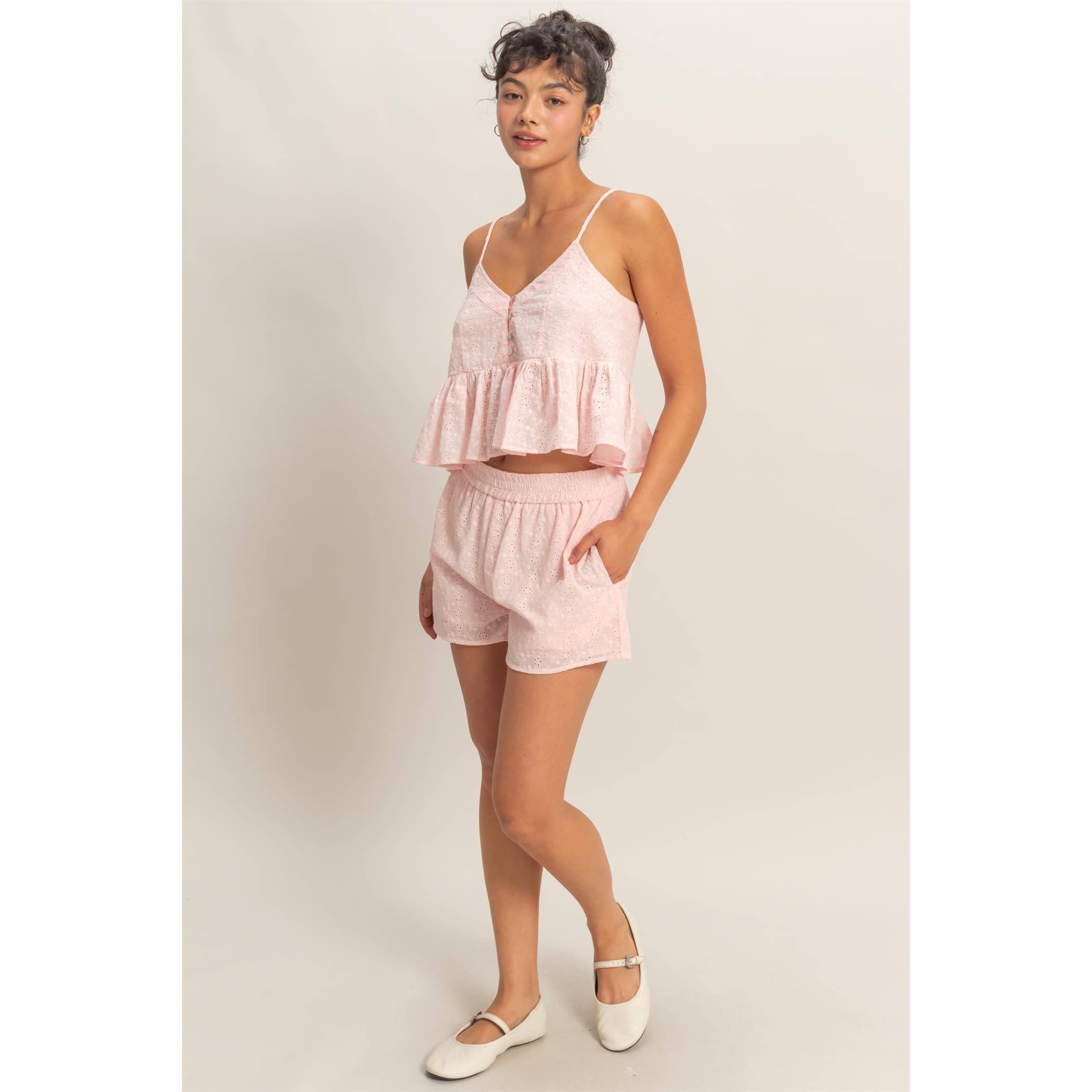 Double Zero - Eyelet Button Detail Peplum Top: RED