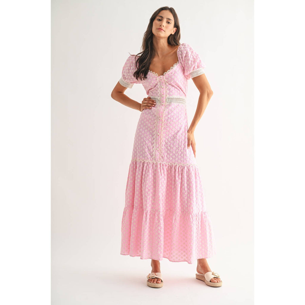 Camellia - PINK LACE-TRIMMED MAXI DRESS: LIGHT PINK/IVORY