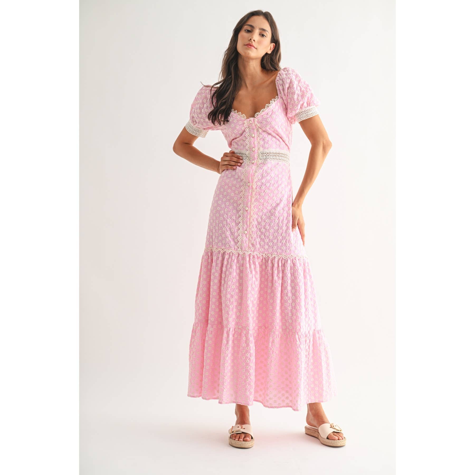 Camellia - PINK LACE-TRIMMED MAXI DRESS: LIGHT PINK/IVORY