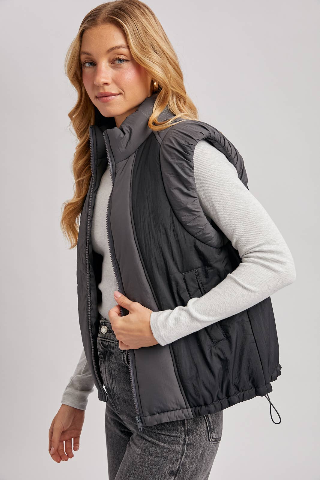 Bluivy - CONTRAST PUFFER ZIPPER DOWN VEST: LATTE COMBO / M