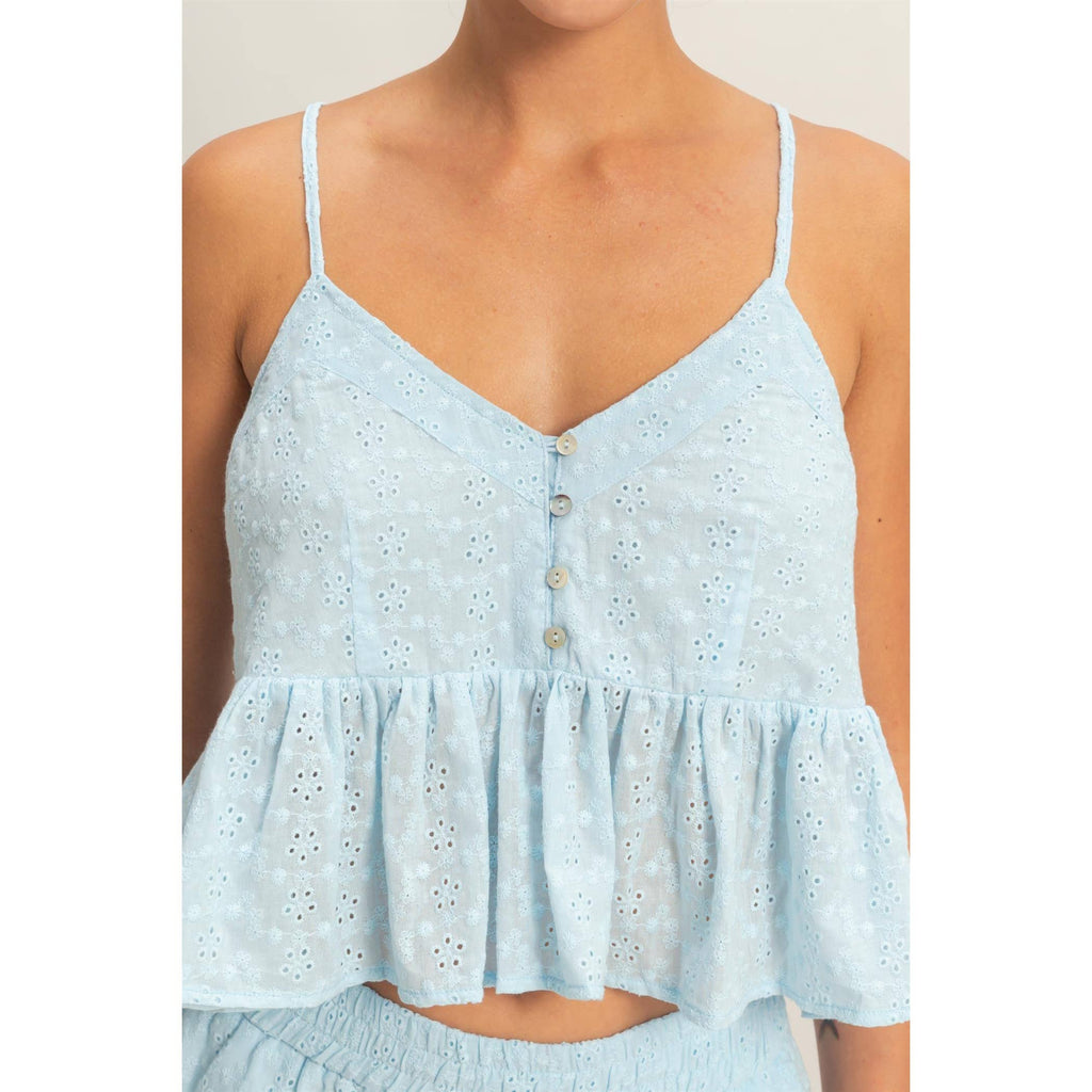 Double Zero - Eyelet Button Detail Peplum Top: RED