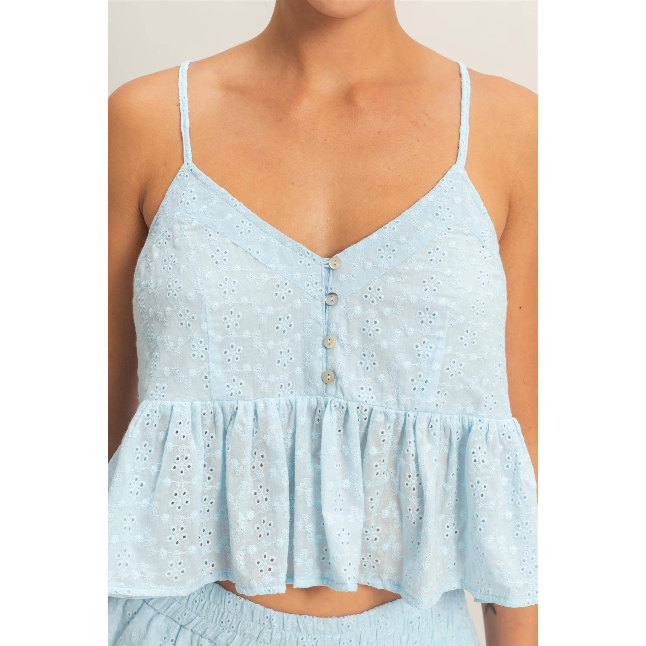 Double Zero - Eyelet Button Detail Peplum Top: RED