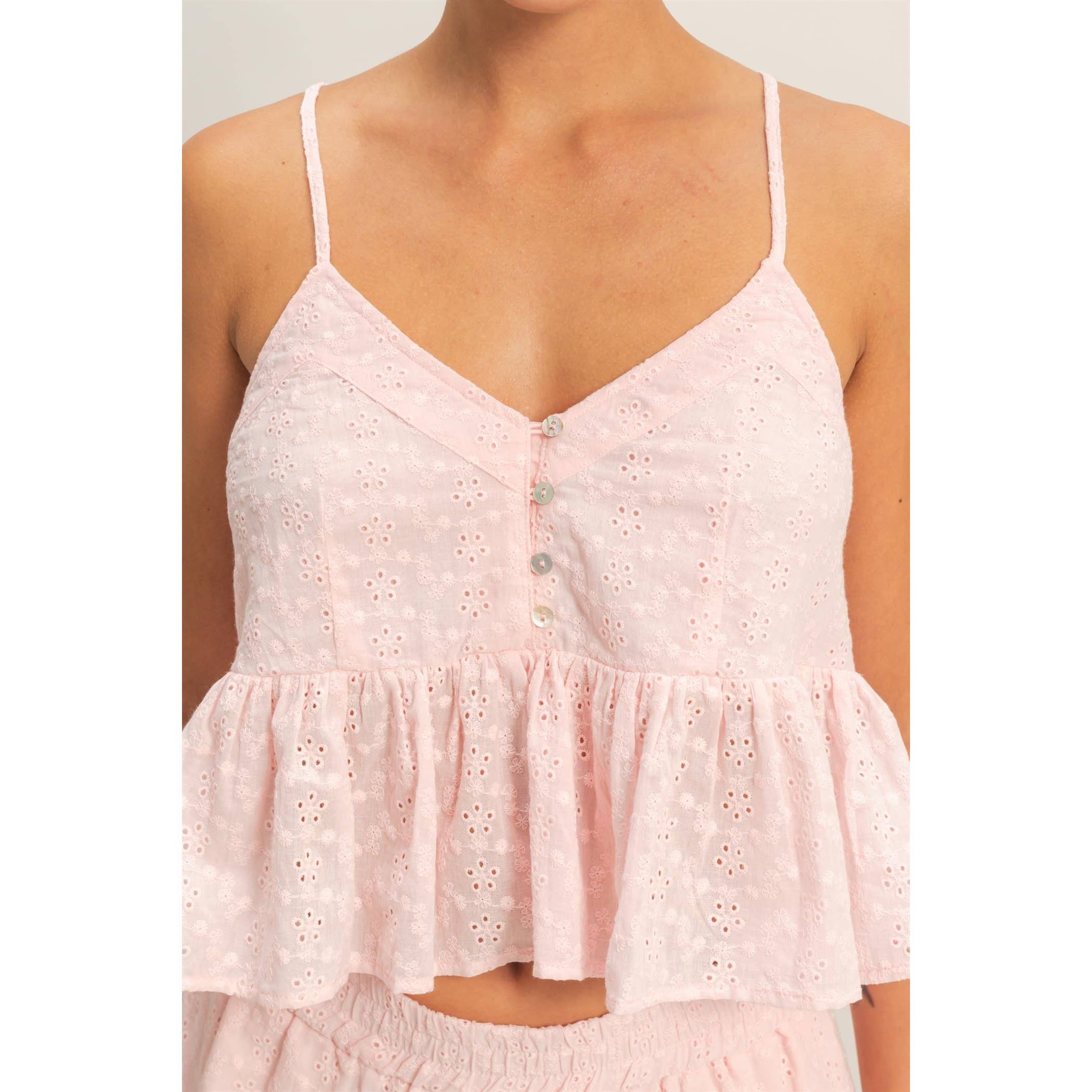 Double Zero - Eyelet Button Detail Peplum Top: RED