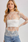 Bluivy - FLORAL EMBROIDERY LACE MESH LAYERING TOP: IVORY