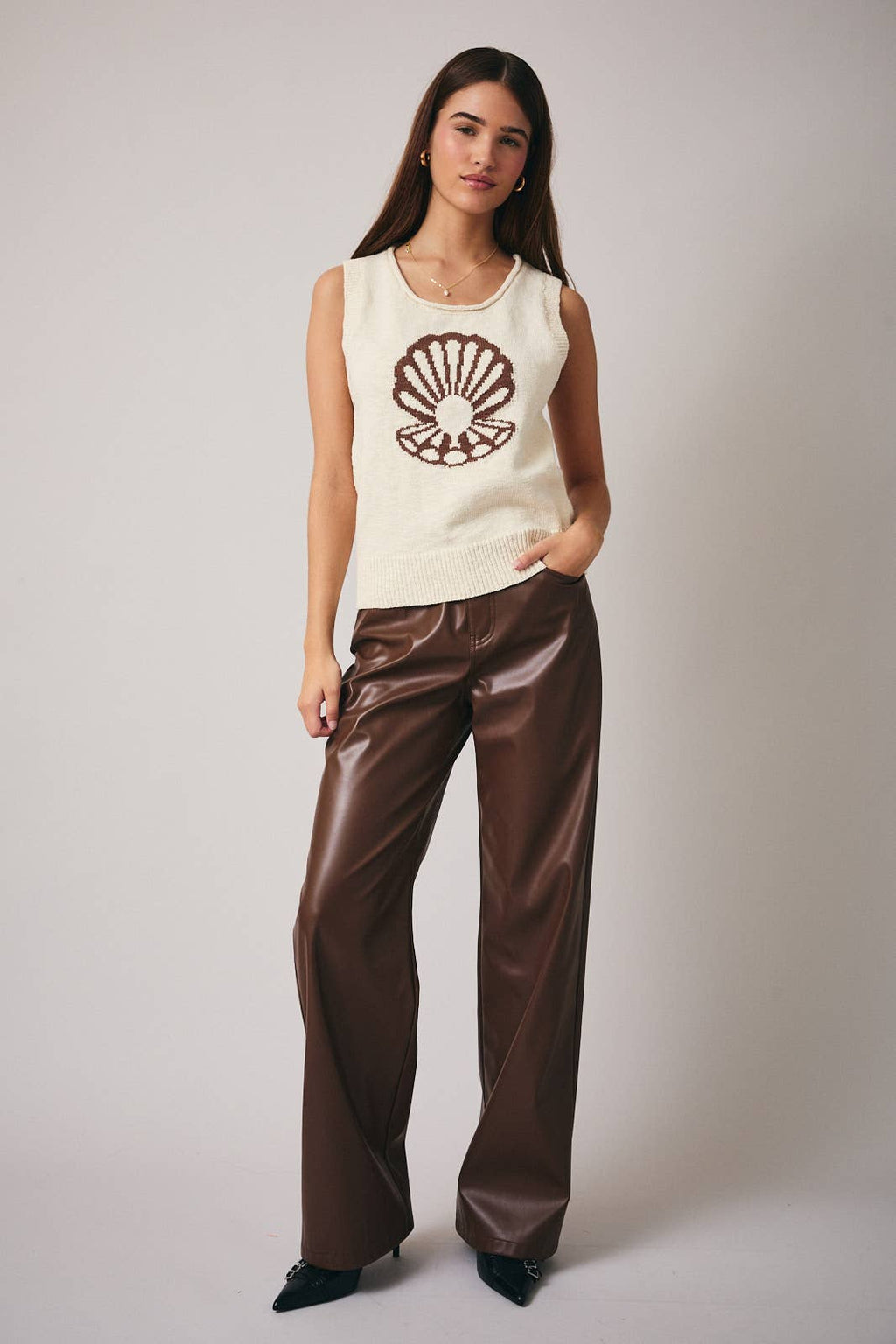 Sunday Edition - ROUND NECK SLEEVELESS SHELL PRINTED SWEATER: CREAM