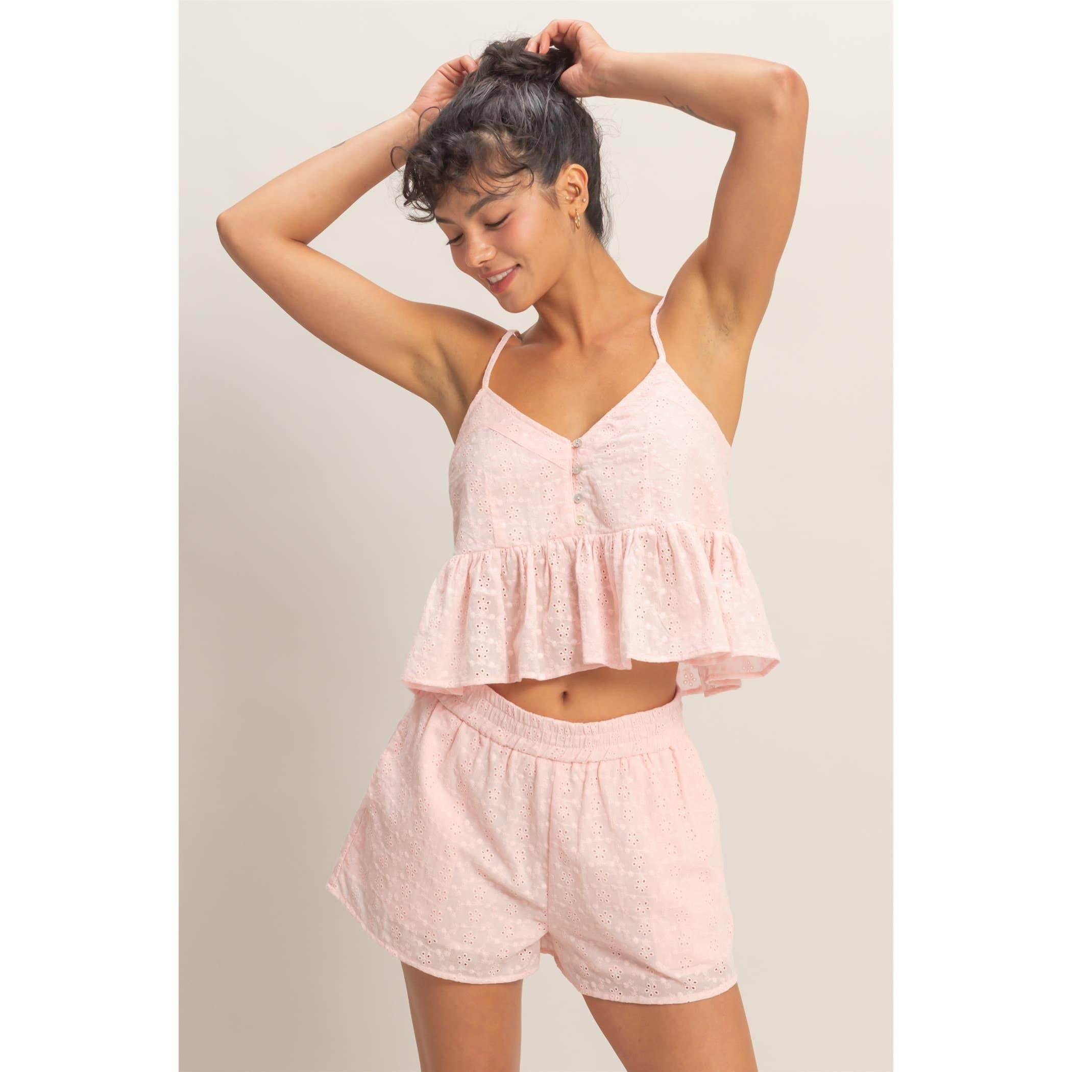 Double Zero - Eyelet Button Detail Peplum Top: RED