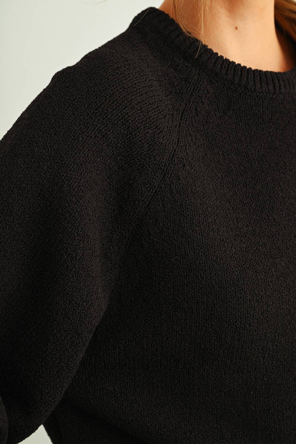 MIOU MUSE - T6252   ROUND NECK 3/4 SLEEVE KNITTED TOP: BLACK