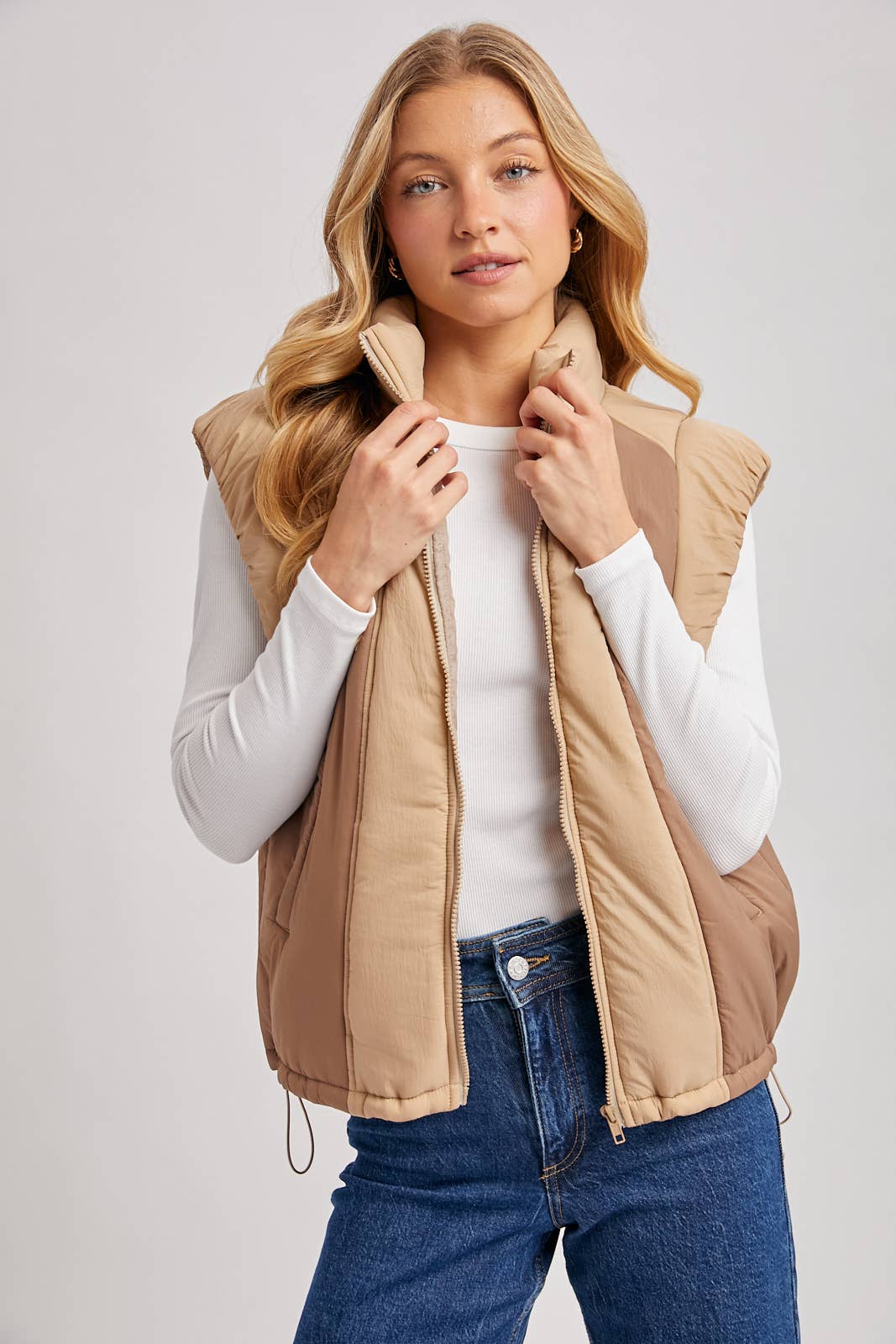 Bluivy - CONTRAST PUFFER ZIPPER DOWN VEST: LATTE COMBO / M