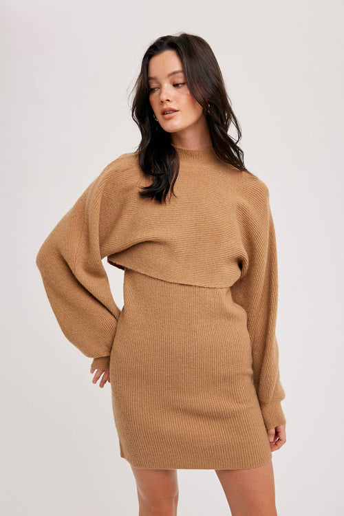 Bluivy - CROP TOP AND SLEEVELESS SWEATER DRESS SET: TOAST / S