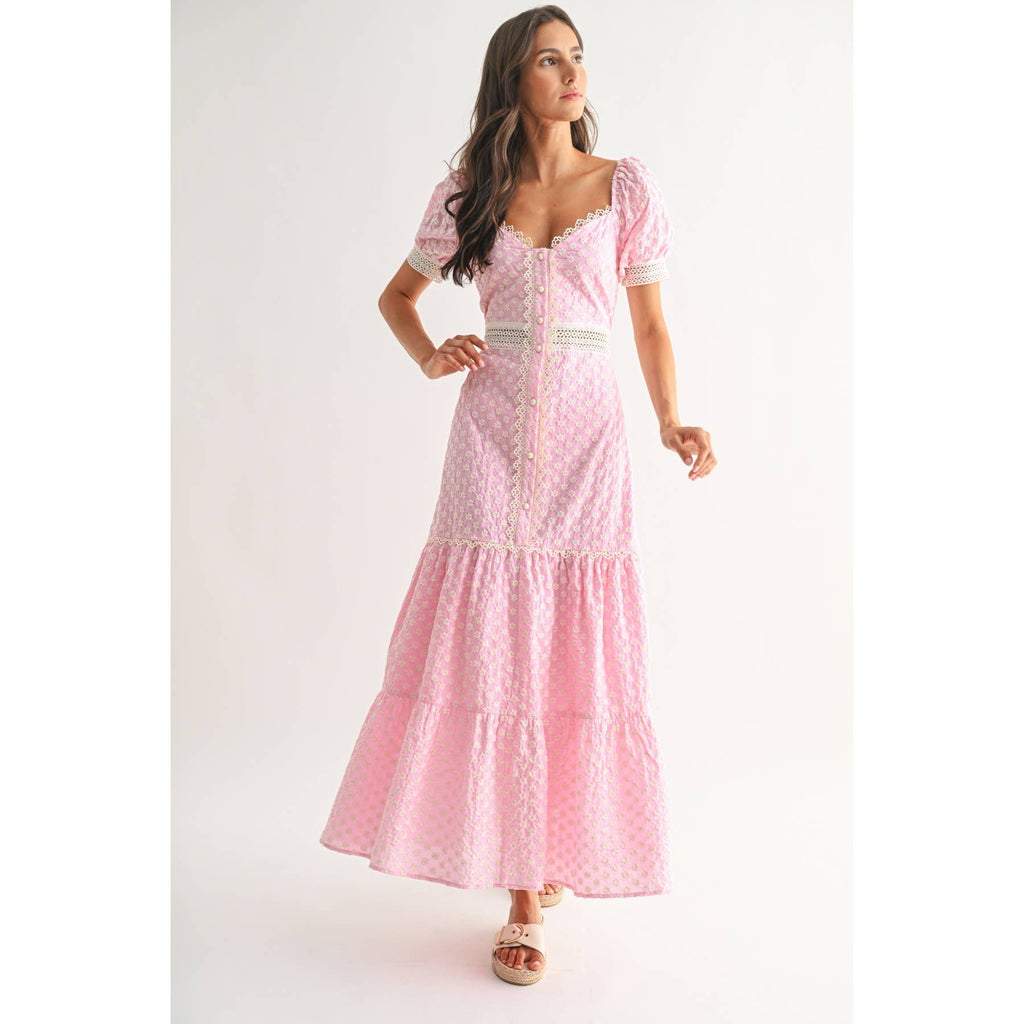 Camellia - PINK LACE-TRIMMED MAXI DRESS: LIGHT PINK/IVORY