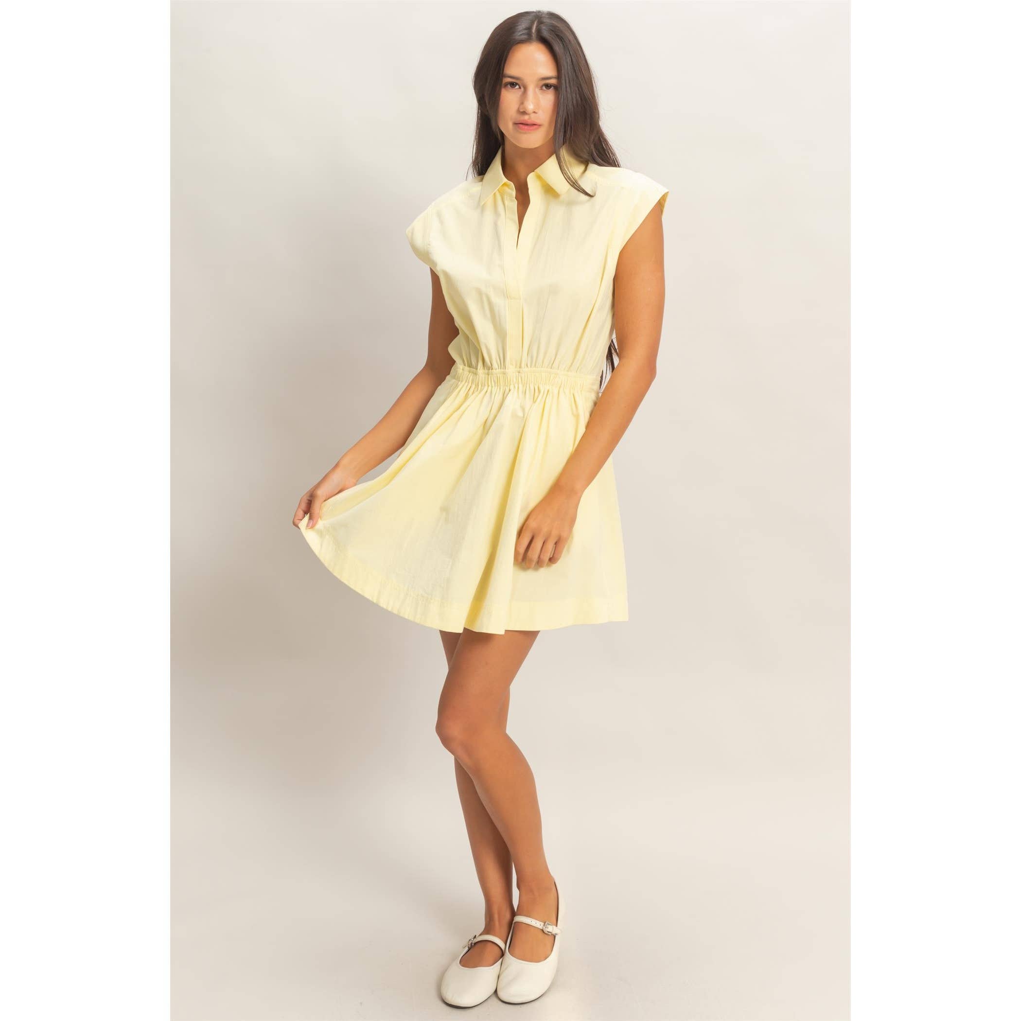 Sleeveless Collared Mini Dress: PALE YELLOW