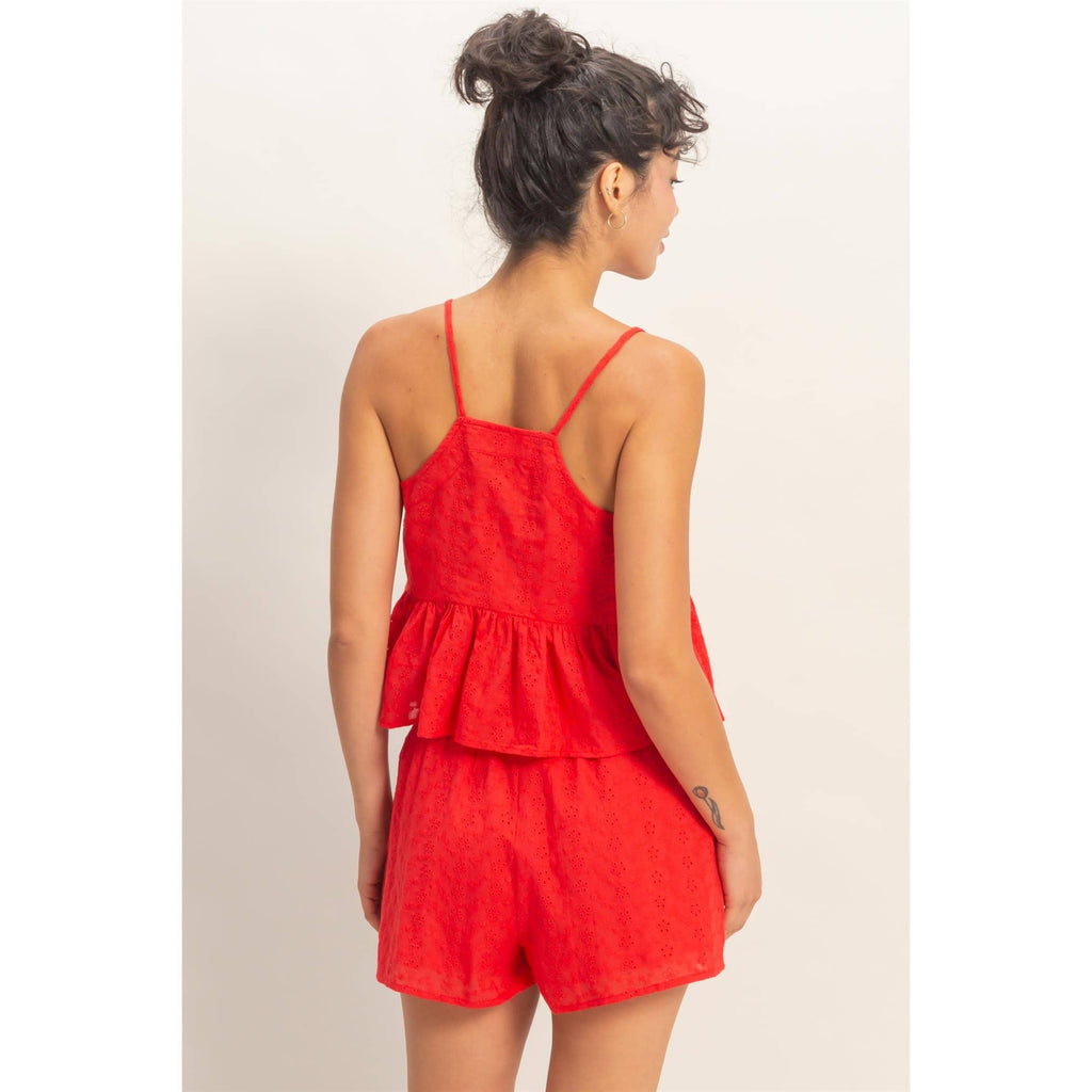 Double Zero - Eyelet Button Detail Peplum Top: RED