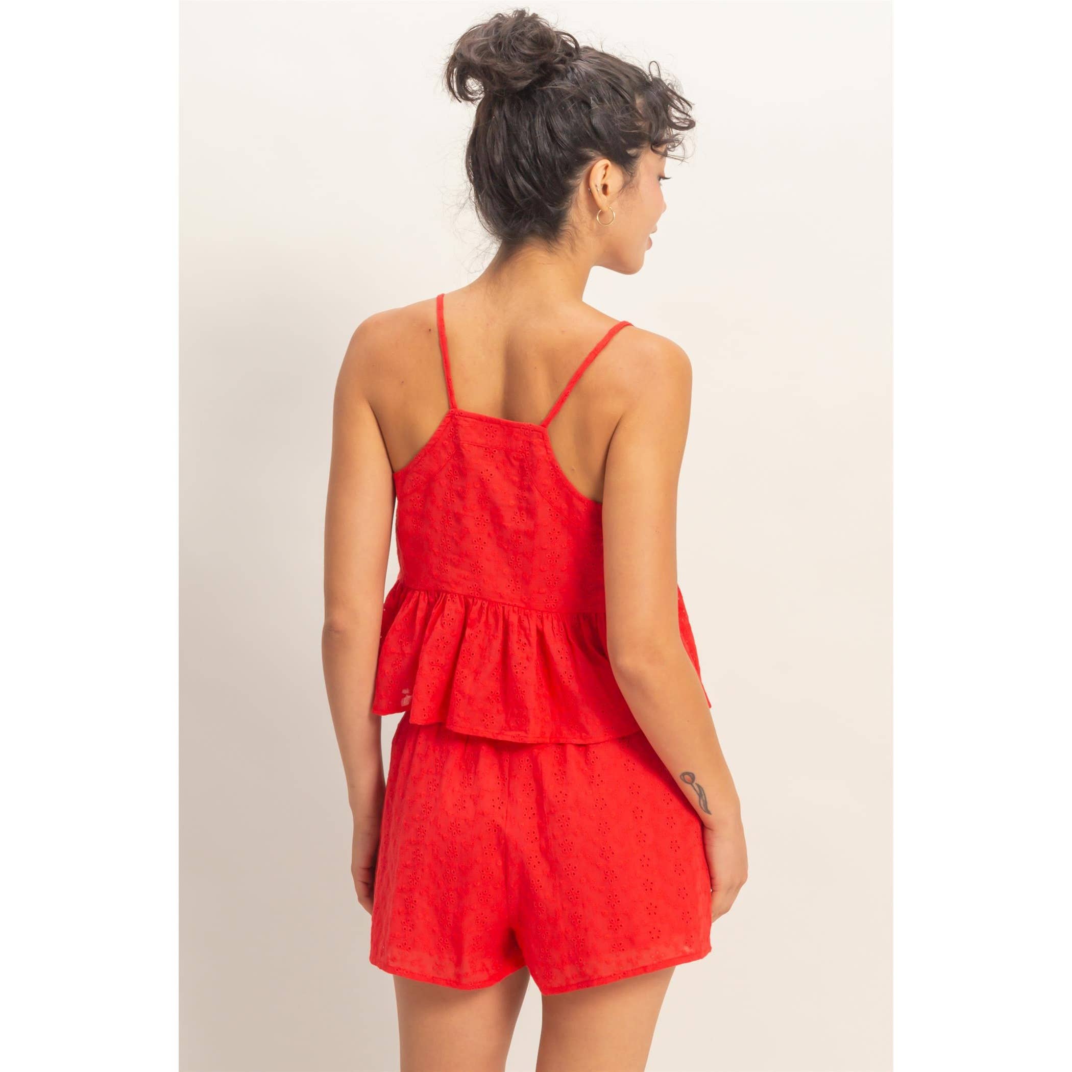 Double Zero - Eyelet Button Detail Peplum Top: RED