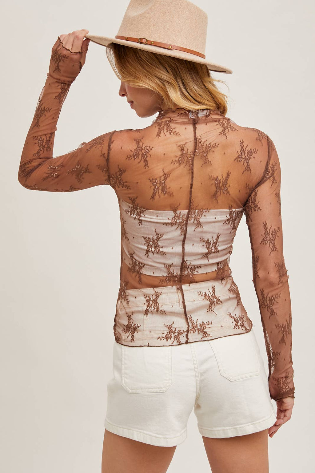 Bluivy - FLORAL EMBROIDERY LACE MESH LAYERING TOP: HAZELNUT