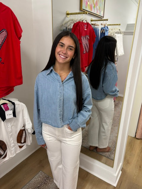 Karlie Chambray Denim Button Up Top